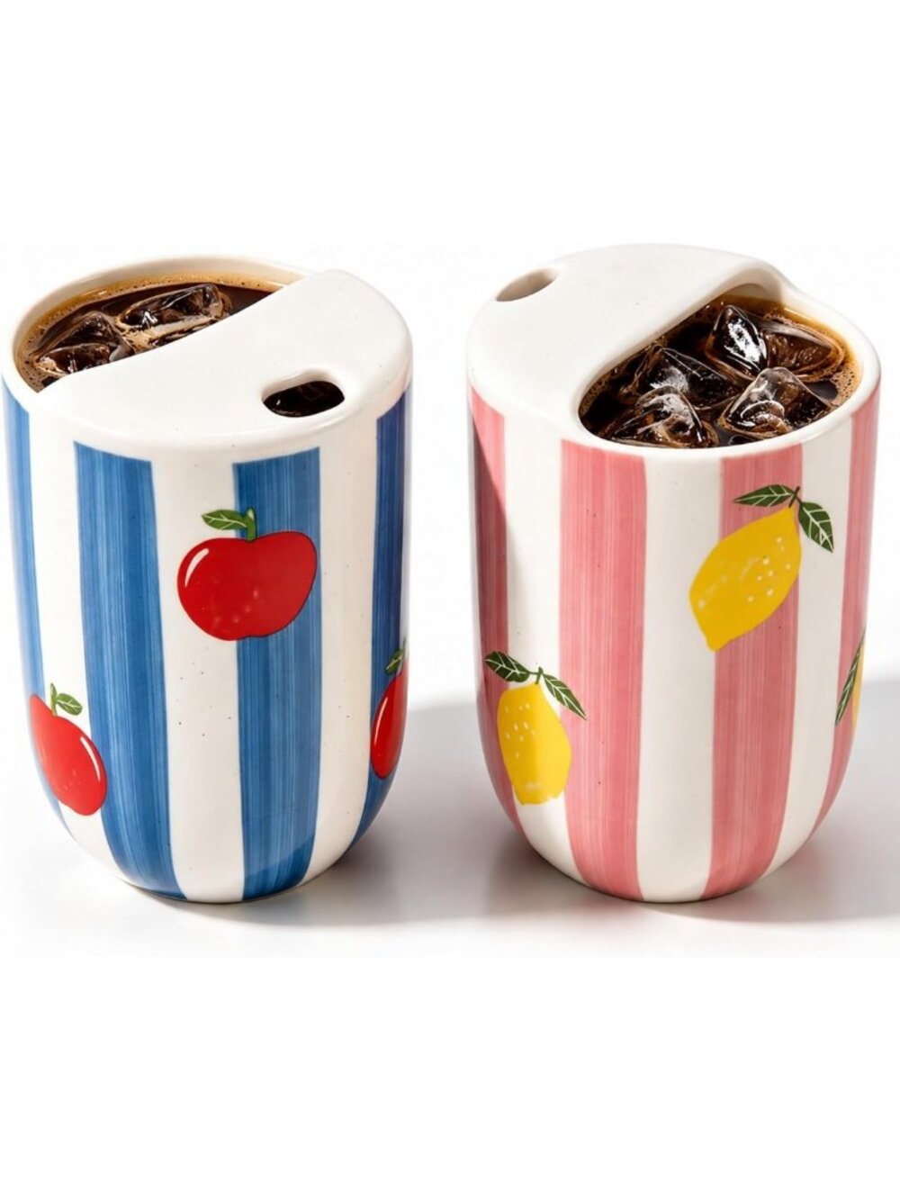 Set of 2 Retro Ceramic Coffee Mugs, Hand-Painted, Cute Striped Design